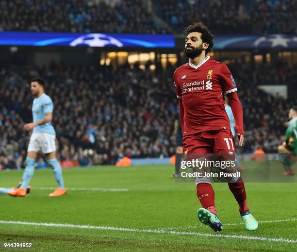 Mohamed Salah of Liverpool Celebrates his Goal during the UEFA Champions League Quarter Final Second Leg match between Manchester City and Liverpool...