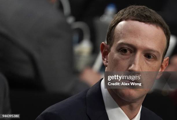 Facebook co-founder, Chairman and CEO Mark Zuckerberg testifies before a combined Senate Judiciary and Commerce committee hearing in the Hart Senate...