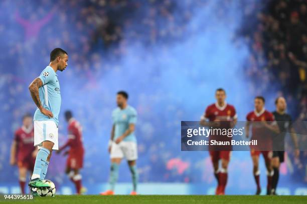 Gabriel Jesus of Manchester City looks on during the UEFA Champions League Quarter Final Second Leg match between Manchester City and Liverpool at...