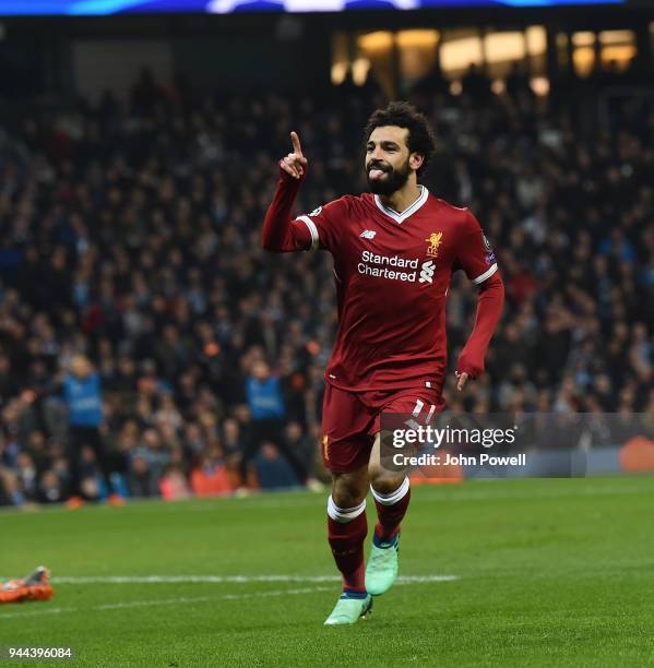 Mohamed Salah of Liverpool Celebrates his Goal during the UEFA Champions League Quarter Final Second Leg match between Manchester City and Liverpool...