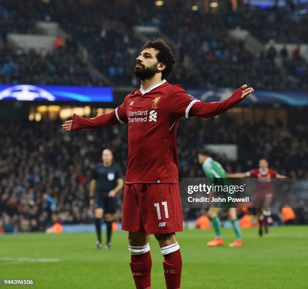 Mohamed Salah of Liverpool Celebrates his Goal during the UEFA Champions League Quarter Final Second Leg match between Manchester City and Liverpool...