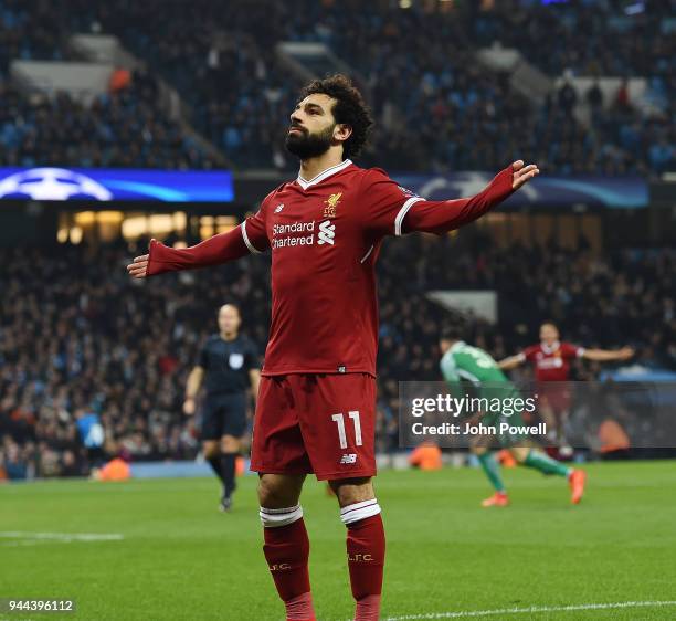 Mohamed Salah of Liverpool Celebrates his Goal during the UEFA Champions League Quarter Final Second Leg match between Manchester City and Liverpool...