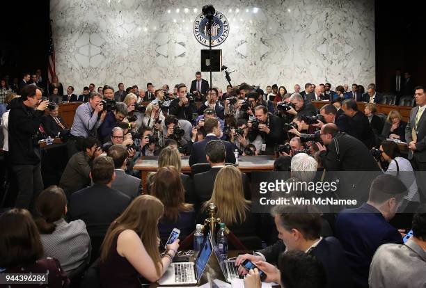 Facebook co-founder, Chairman and CEO Mark Zuckerberg arrives to testify before a combined Senate Judiciary and Commerce committee hearing in the...
