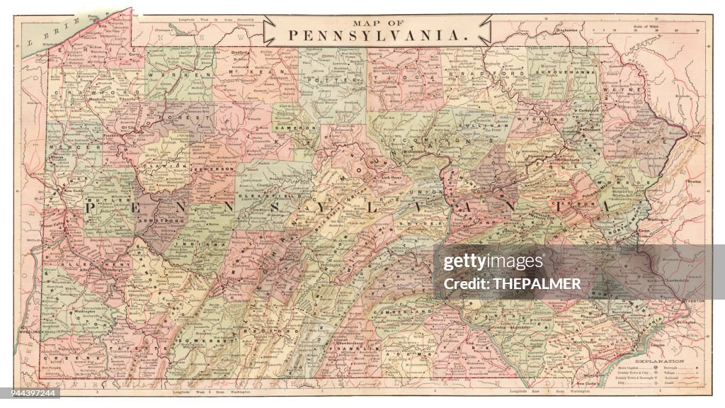 Pennsylvania state USA map 1881
