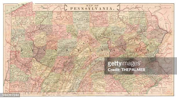 pennsylvania state usa map 1881 - philadelphia pennsylvania map stock illustrations