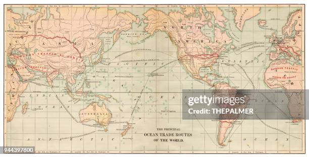ilustrações, clipart, desenhos animados e ícones de mapa do mundo, 1881 - oceano pacífico