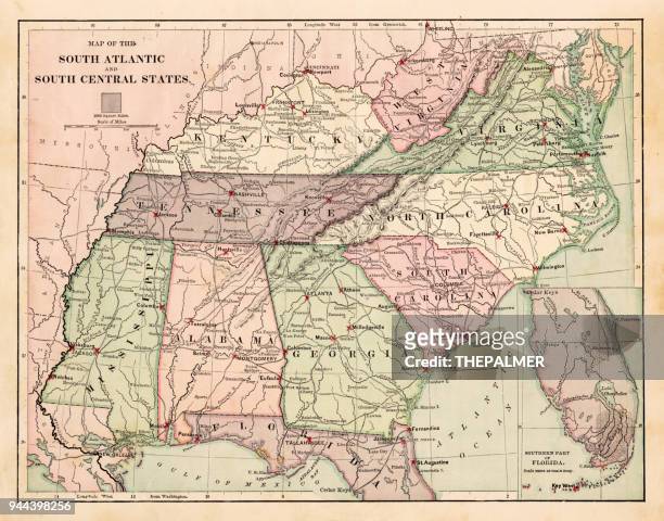 karte von south staaten usa 1881 - florida v kentucky stock-grafiken, -clipart, -cartoons und -symbole