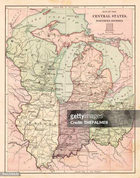 stockillustraties, clipart, cartoons en iconen met centrale staten verenigde staten kaart 1881 - indiana v illinois
