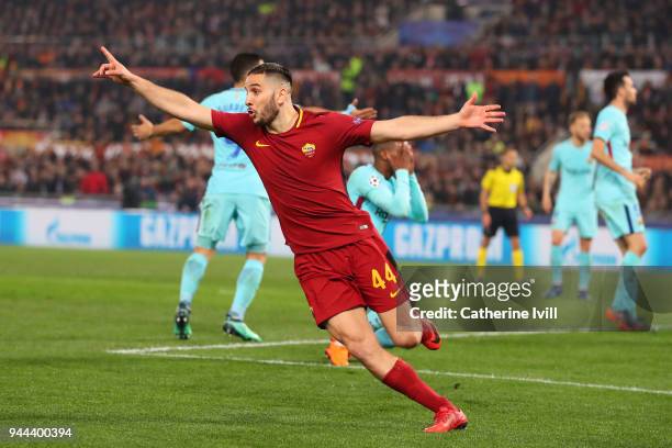 Kostas Manolas of AS Roma celebrates after scoring his sisdes third goal UEFA Champions League Quarter Final Second Leg match between AS Roma and FC...