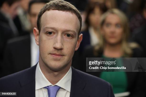 Facebook co-founder, Chairman and CEO Mark Zuckerberg testifies before a combined Senate Judiciary and Commerce committee hearing in the Hart Senate...