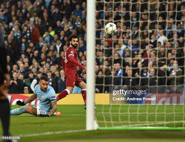 Mohamed Salah of Liverpool Scores the first Goal during the UEFA Champions League Quarter Final Second Leg match between Manchester City and...