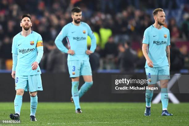 Lionel Messi of Barcelona reacts during the UEFA Champions League Quarter Final Second Leg match between AS Roma and FC Barcelona at Stadio Olimpico...