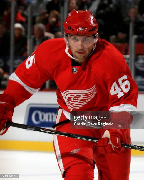 Jakub Kindl of the Detroit Red Wings skates up ice during his first NHL game against the Edmonton Oilers at Joe Louis Arena on December 3, 2009 in...