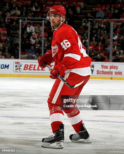 Jakub Kindl of the Detroit Red Wings guards the blue line during his first NHL game against the Edmonton Oilers at Joe Louis Arena on December 3,...