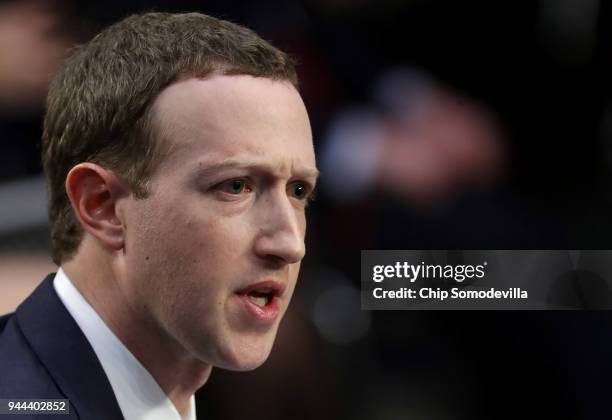 Facebook co-founder, Chairman and CEO Mark Zuckerberg testifies before a combined Senate Judiciary and Commerce committee hearing in the Hart Senate...