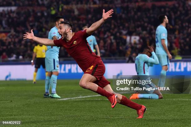 Kostas Manolas of Roma celebrates after scoring his team third goal during the UEFA Champions League Quarter Final second leg match between AS Roma...