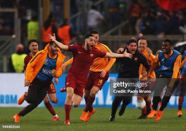 Kostas Manolas of AS Roma celebrates after scoring the team's third goal during the UEFA Champions League quarter final second leg between AS Roma...