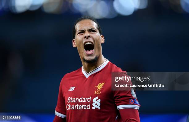 Virgil van Dijk of Liverpool celebrates his sides victory after the UEFA Champions League Quarter Final Second Leg match between Manchester City and...