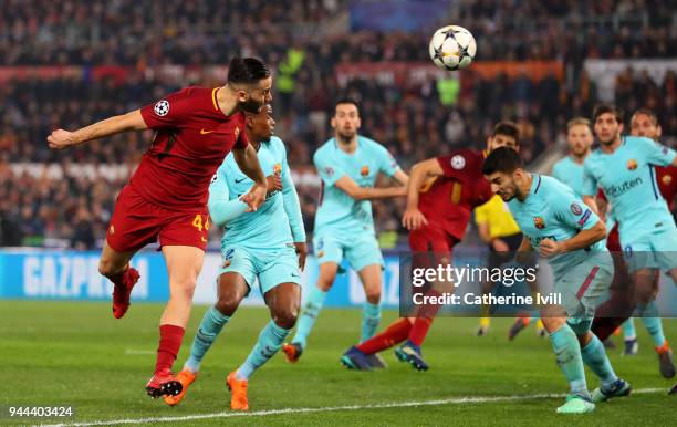 Kostas Manolas of AS Roma scores his sides third goal during the UEFA Champions League Quarter Final Second Leg match between AS Roma and FC...