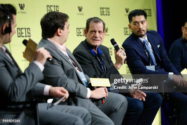 Jim Alexander, Dylan Marchetti, Howard Rosenman, Godfrey Gao and Nick Yang speak during the Global Entertainment Industry Summit at the Manhattan...