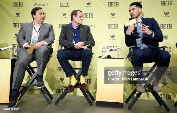 Dylan Marchetti, Howard Rosenman and Godfrey Gao speak during the Global Entertainment Industry Summit at the Manhattan Center on April 10, 2018 in...