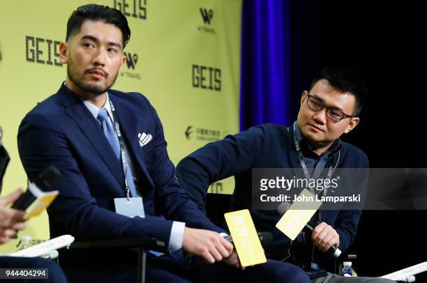 Godfrey Gao and Nick Yang speak during the Global Entertainment Industry Summit at the Manhattan Center on April 10, 2018 in New York City.