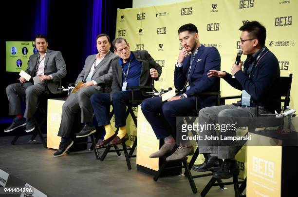 Jim Alexander, Dylan Marchetti, Howard Rosenman, Godfrey Gao and Nick Yang speak during the Global Entertainment Industry Summit at the Manhattan...