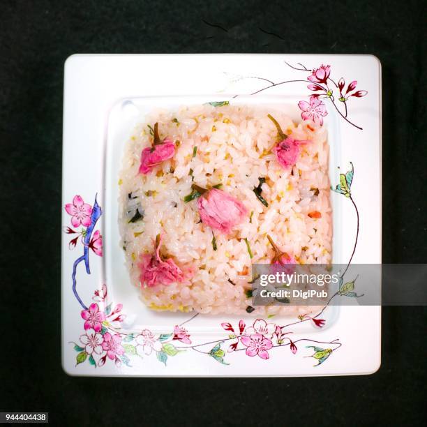 sakura gohan (cherry blossom rice) for hanami season - short grain rice stock pictures, royalty-free photos & images