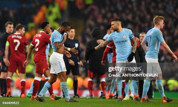 Manchester City's English midfielder Raheem Sterling reacts following the UEFA Champions League second leg quarter-final football match between...