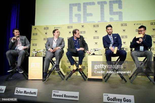 Jim Alexander, Dylan Marchetti, Howard Rosenman, Godfrey Gao and Nick Yang speak during the Global Entertainment Industry Summit at the Manhattan...