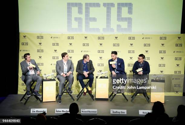 Jim Alexander, Dylan Marchetti, Howard Rosenman, Godfrey Gao and Nick Yang speak during the Global Entertainment Industry Summit at the Manhattan...