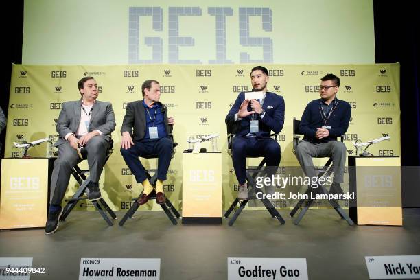 Dylan Marchetti, Howard Rosenman, Godfrey Gao and Nick Yang speak during the Global Entertainment Industry Summit at the Manhattan Center on April...