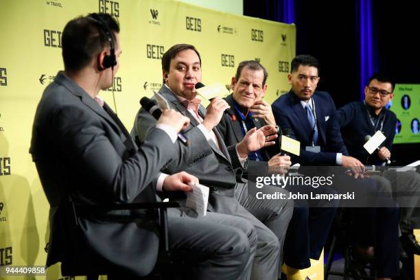 Jim Alexander, Dylan Marchetti, Howard Rosenman, Godfrey Gao and Nick Yang speak during the Global Entertainment Industry Summit at the Manhattan...