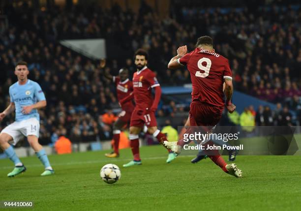 Roberto Firmino of Liverpool scores the second goal during the UEFA Champions League Quarter Final Second Leg match between Manchester City and...