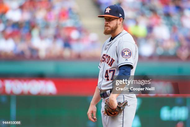 Chris Devenski of the Houston Astros pitches against the Texas Rangers at Globe Life Park on Thursday, March 29, 2018 in Arlington, Texas.