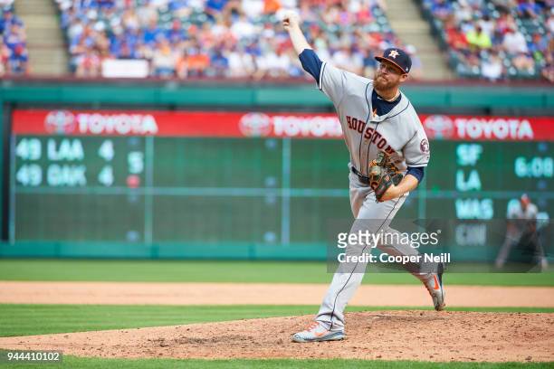 Chris Devenski of the Houston Astros pitches against the Texas Rangers at Globe Life Park on Thursday, March 29, 2018 in Arlington, Texas.