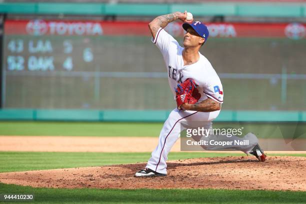 Matt Bush of the Texas Rangers pitches against the Houston Astros at Globe Life Park on Thursday, March 29, 2018 in Arlington, Texas.