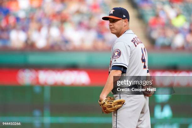 Brad Peacock of the Houston Astros pitches against the Texas Rangers at Globe Life Park on Thursday, March 29, 2018 in Arlington, Texas.