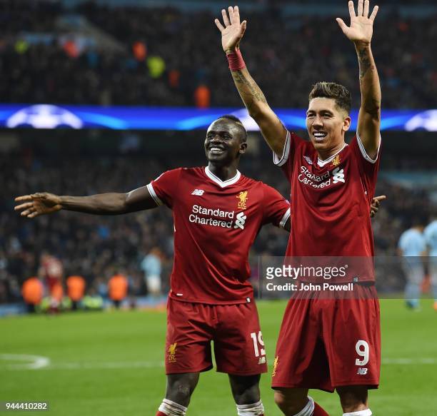 Roberto Firmino of Liverpool celebrates the second goal during the UEFA Champions League Quarter Final Second Leg match between Manchester City and...