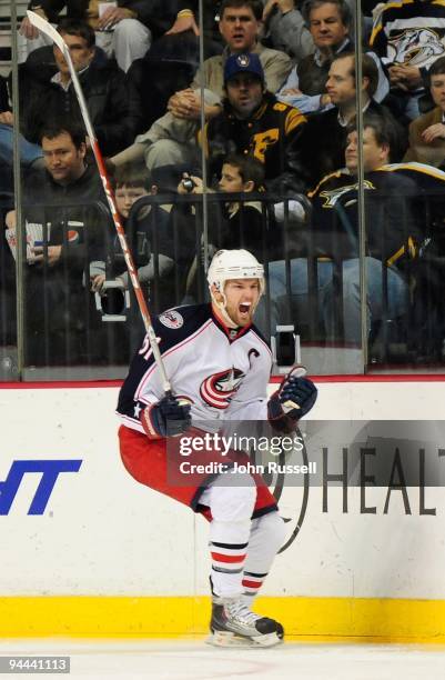 Rick Nash of the Columbus Blue Jackets celebrates a goal against the Nashville Predators on December 10, 2009 at the Nashville Arena in Nashville,...