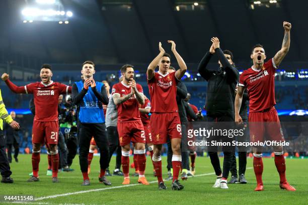 Liverpool celebrate their victory during the UEFA Champions League Quarter Final Second Leg match between Manchester City and Liverpool at the Etihad...