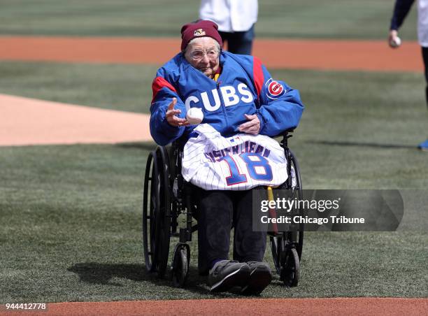 Sister Jean Dolores Schmidt throws out a ceremonial first pitch before the Chicago Cubs and Pittsburgh Pirates play on Tuesday, April 10, 2018 on...