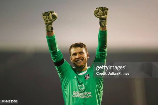 Marcus Bettinelli of Fulham celebrates after victory in the Sky Bet Championship match between Fulham and Reading at Craven Cottage on April 10, 2018...