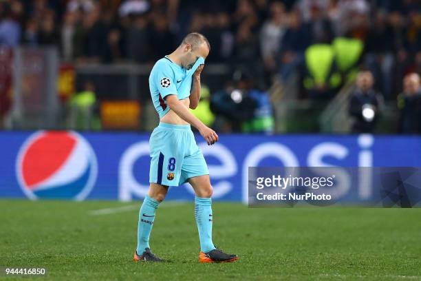 Roma v FC Barcelona : UEFA Champions League quarter-finals 2nd leg The disappointment of Andres Iniesta of FC Barcelona at Olimpico Stadium in Rome,...