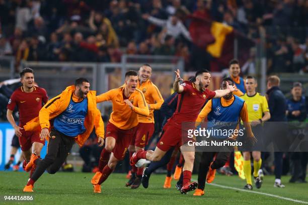 Roma v FC Barcelona : UEFA Champions League quarter-finals 2nd leg Konstantin Manolas of Roma celebrates with the teammates after the decisive goal...