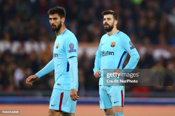 Roma v FC Barcelona : UEFA Champions League quarter-finals 2nd leg The disappointment of Andre Gomes and Gerard Pique of FC Barcelona at Olimpico...