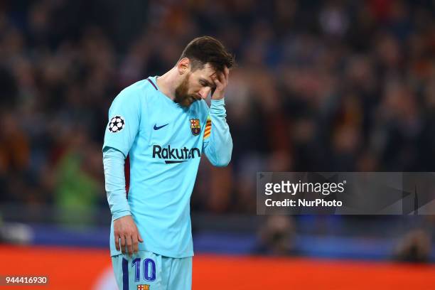 Roma v FC Barcelona : UEFA Champions League quarter-finals 2nd leg The disappointment of Lionel Messi of FC Barcelona at Olimpico Stadium in Rome,...