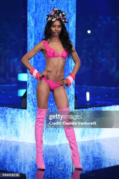 Sharam Diniz walks the runway at the Calzedonia Summer Show on April 10, 2018 in Verona, Italy.