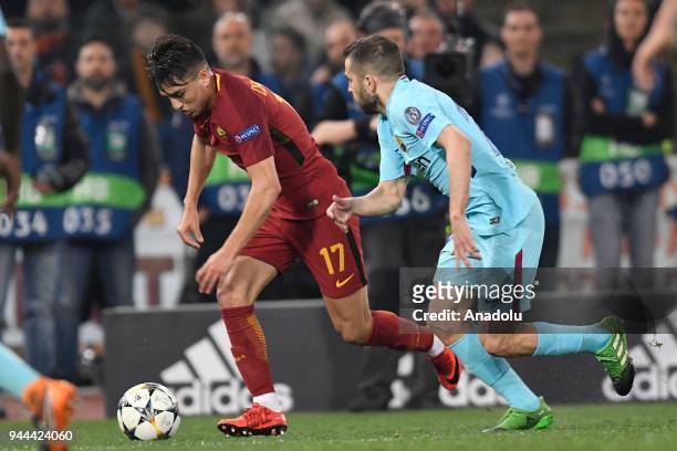 Cengiz Under of AS Roma in action against Jordi Alba of Barcelona during the UEFA Champions League quarter final soccer match between AS Roma and FC...