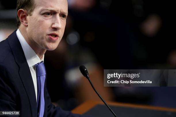 Facebook co-founder, Chairman and CEO Mark Zuckerberg testifies before a combined Senate Judiciary and Commerce committee hearing in the Hart Senate...